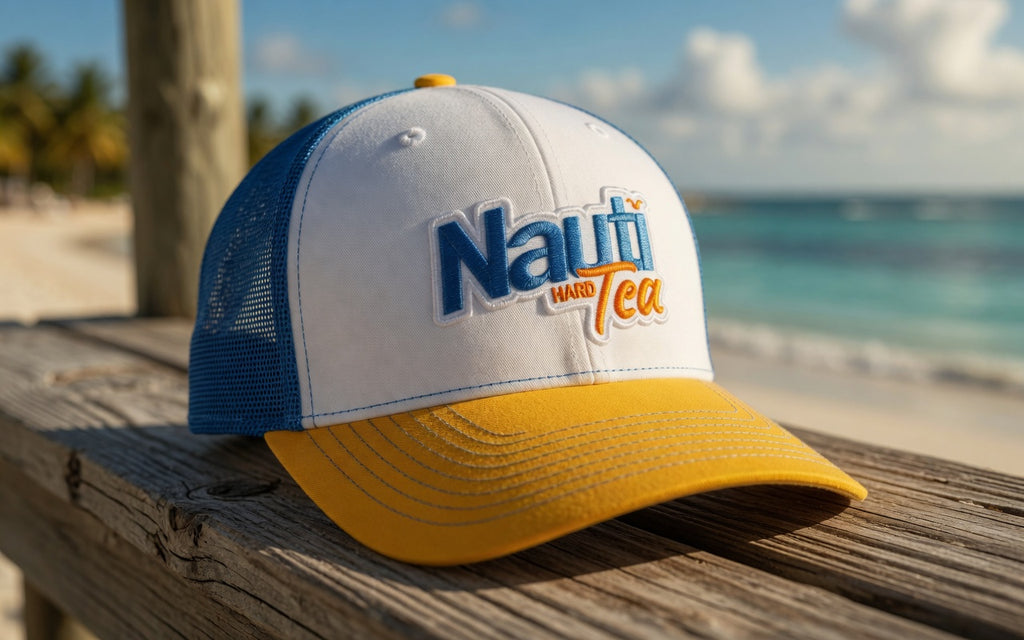 Nauti Tea© Richardson 112 Patch Trucker Hat – White/Yellow/Blue
