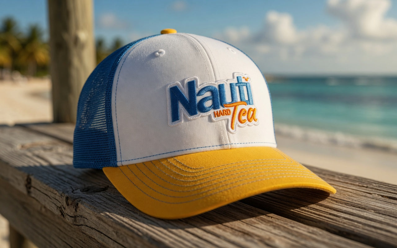 Nauti Tea© Richardson 112 Patch Trucker Hat – White/Yellow/Blue