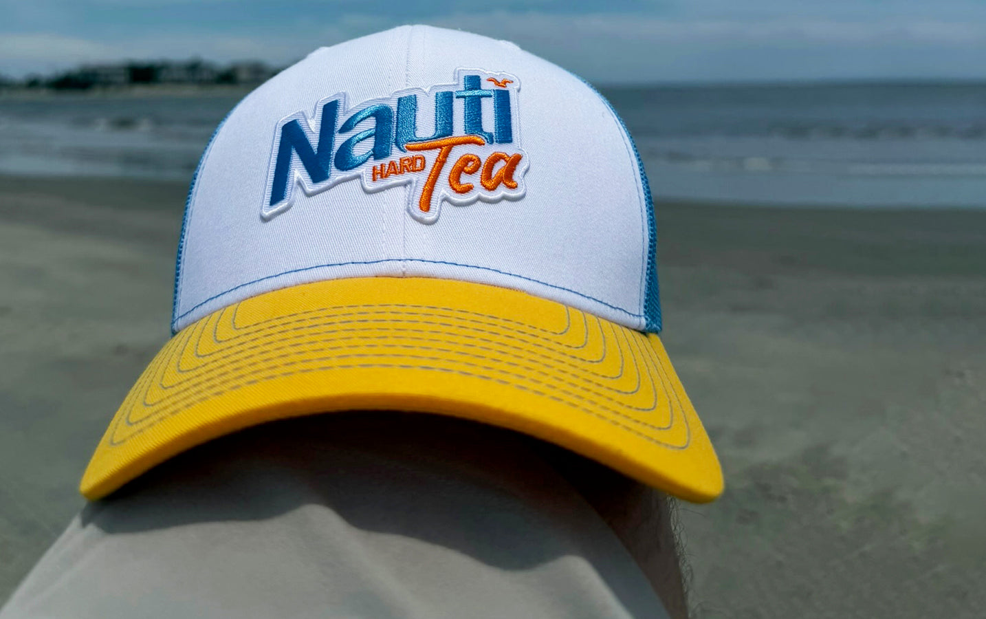 Nauti Tea© Richardson 112 Patch Trucker Hat – White/Yellow/Blue