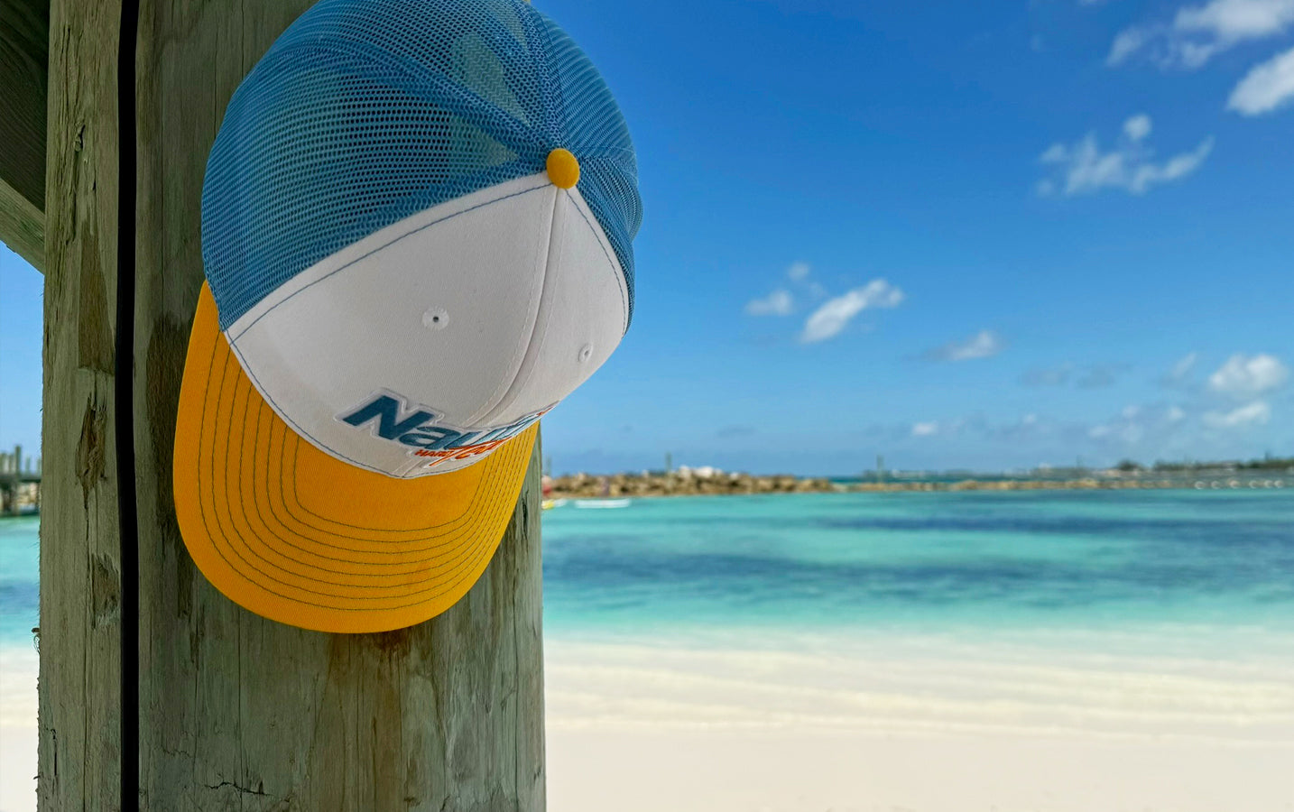 Nauti Tea© Richardson 112 Patch Trucker Hat – White/Yellow/Blue