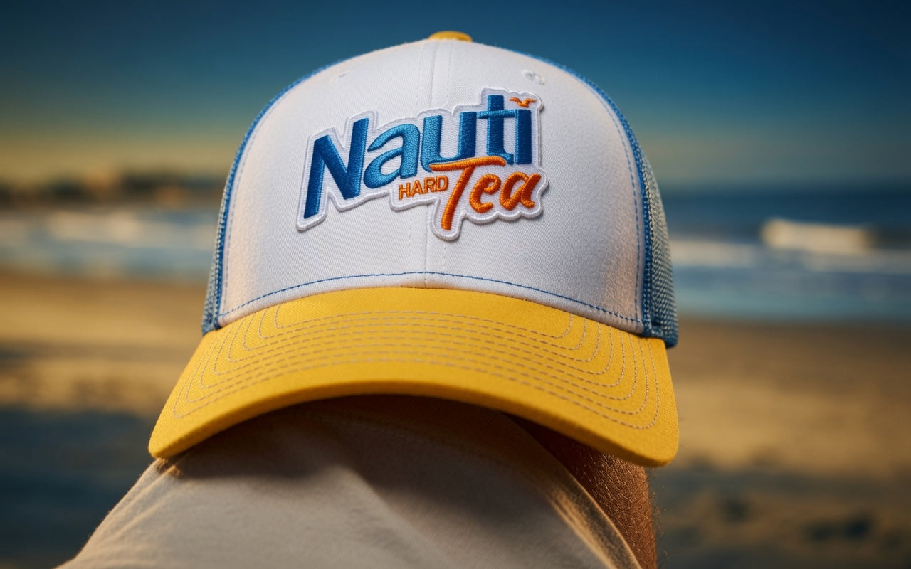 Nauti Tea© Richardson 112 Patch Trucker Hat – White/Yellow/Blue